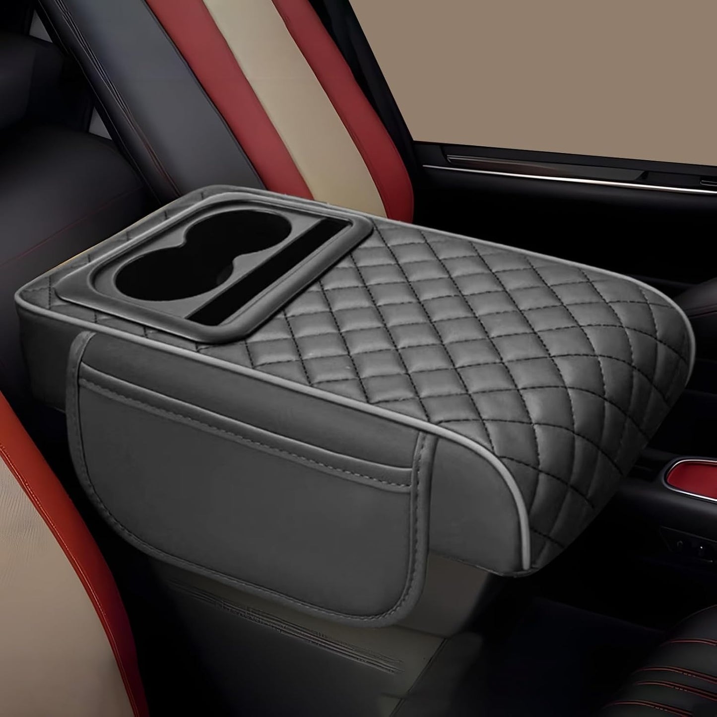 Car Armrest Cushion with Cup Holder & Storage Box