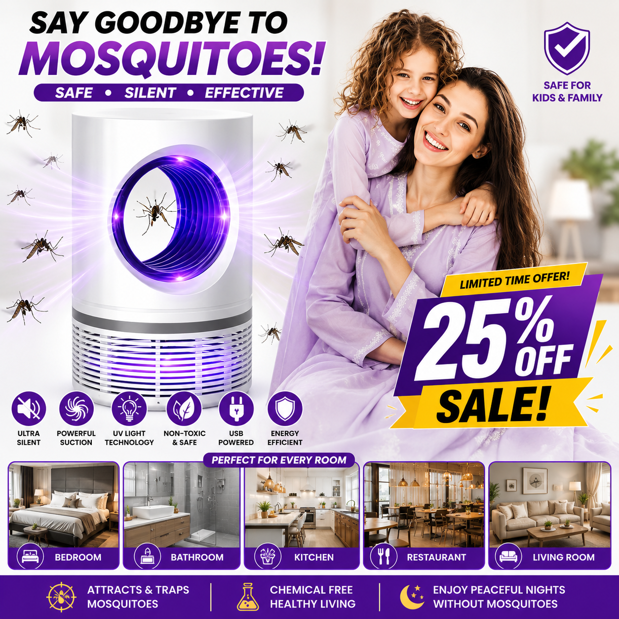 Updated Mosquito Killer Lamp – Electric Shocker USB LED Trap